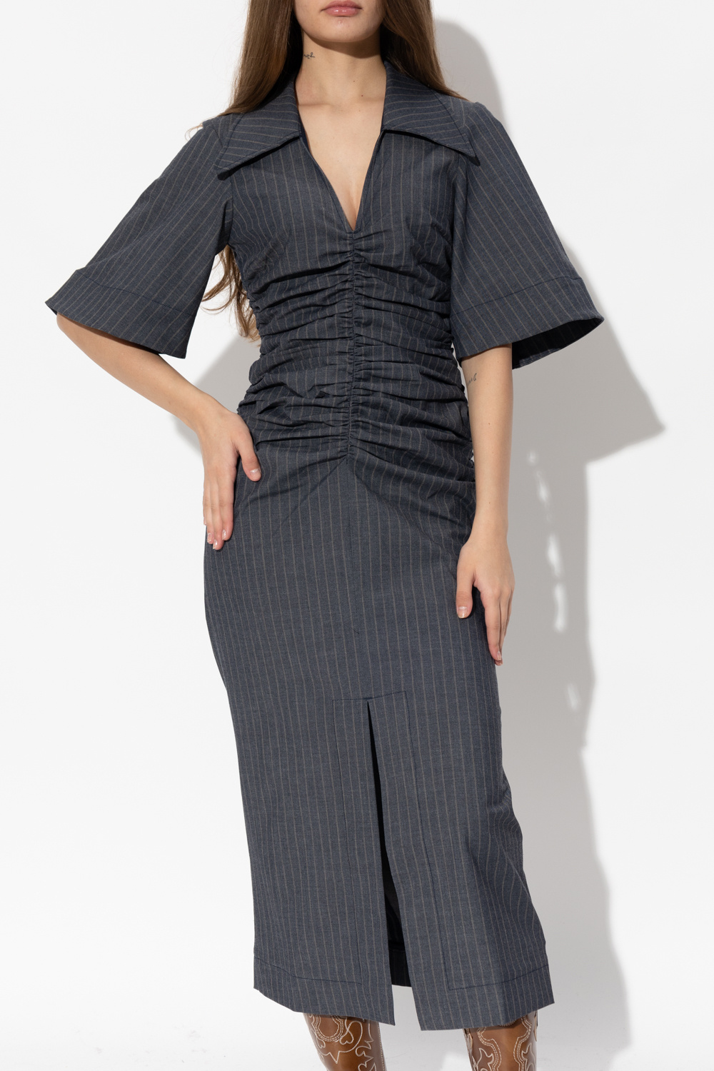 パーティードレス Ganni F9551 252 Dresses Grey GANNI Gray Shiny Midi Dress GANNI
